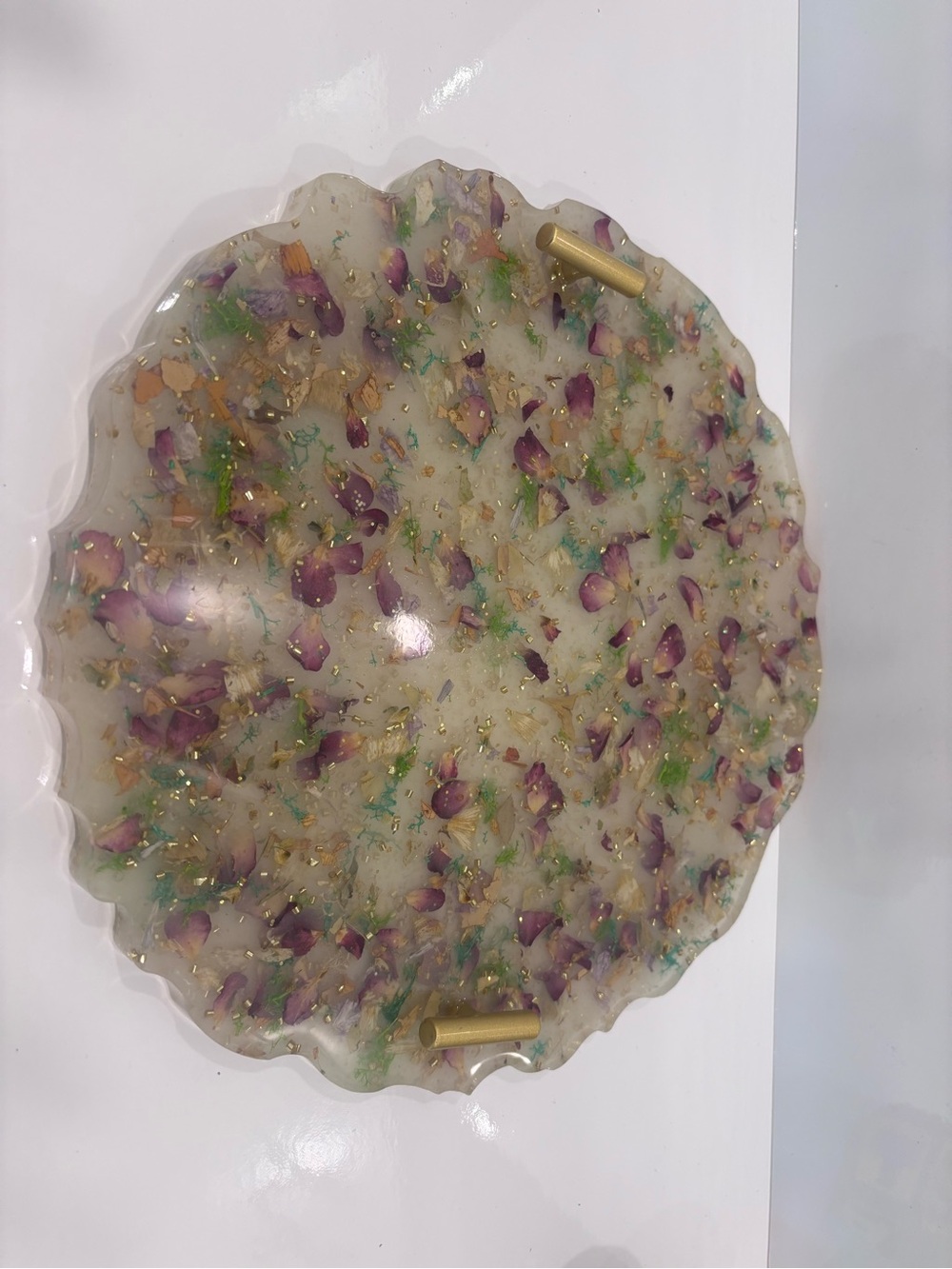 Decorative Resin Serving Tray with Purple Petal Inlay 13”